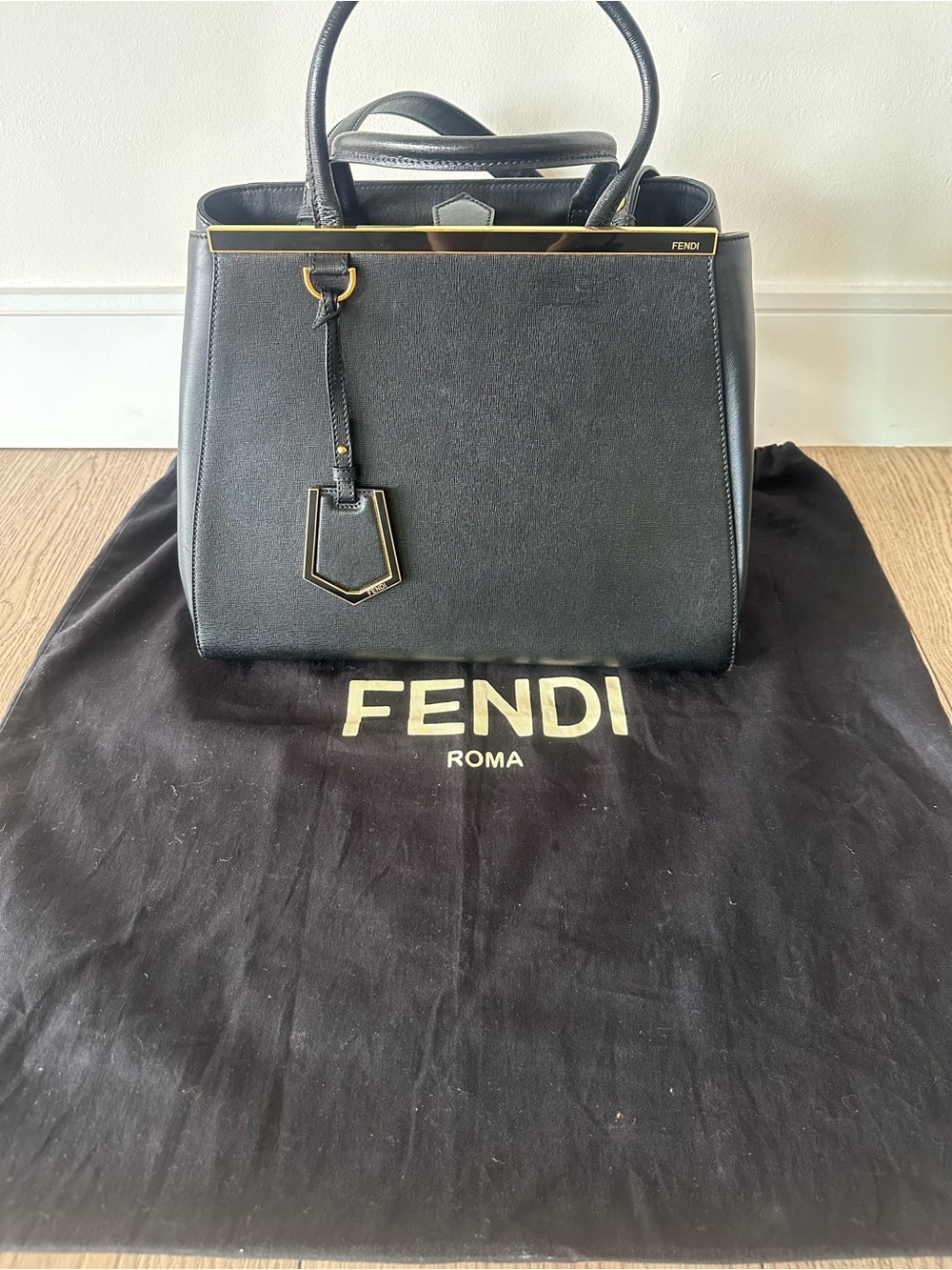 Fendi Black Leather Top-Handle Satchel with Gold Trim